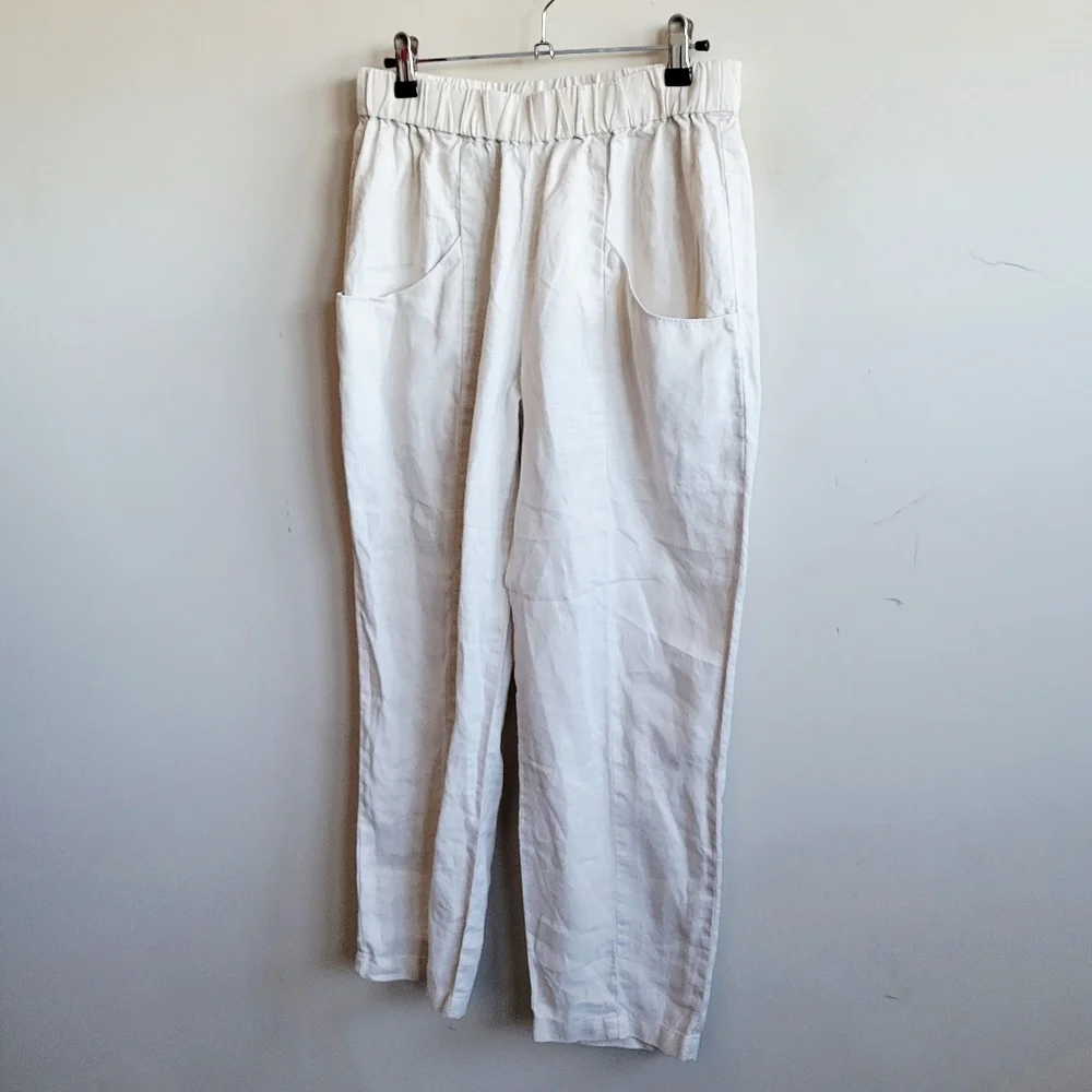 Linen-Blend Cream High-Waist Pants